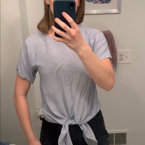 blue and white pinstriped front tie shirt